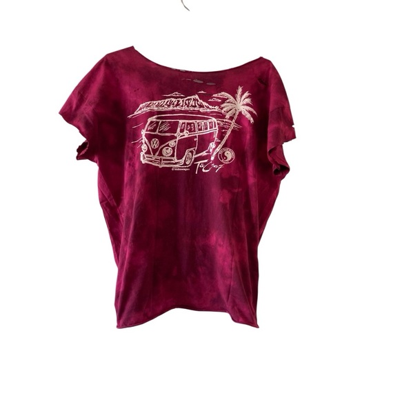 T&C Surf Shop Tee VW Van Beach Scene distressed XL Burgundy Tie-Dye Short Sleeve - Picture 7 of 7